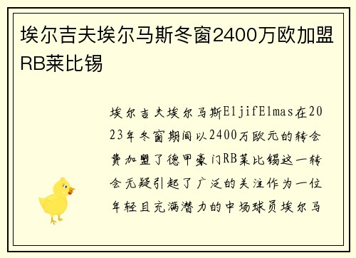 埃尔吉夫埃尔马斯冬窗2400万欧加盟RB莱比锡