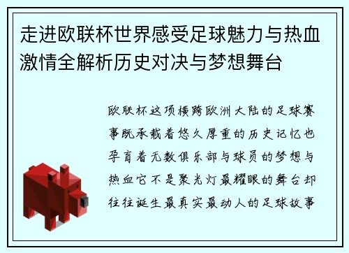 走进欧联杯世界感受足球魅力与热血激情全解析历史对决与梦想舞台